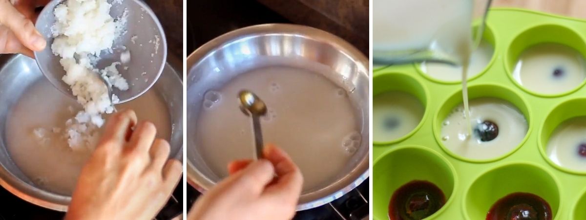 Preparación de la gelatina de leche de coco para hacer ojos de gelatina caseros, mostrando cómo se mezclan y calientan los ingredientes antes de verter la mezcla blanca sobre los arándanos.