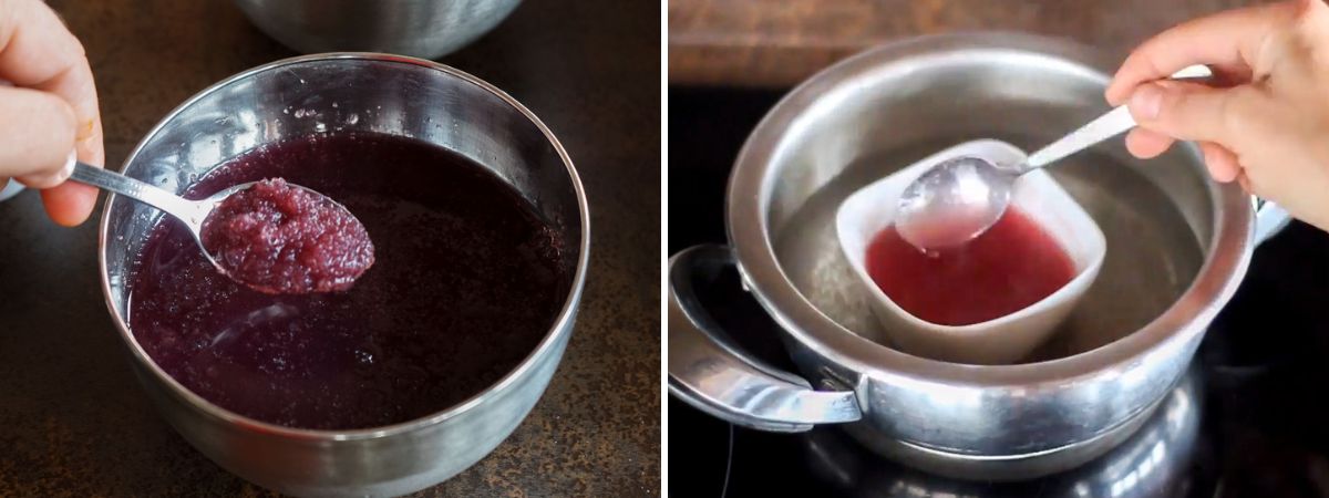 Preparación de la gelatina de frutas para hacer ojos comestibles de Halloween, mostrando la gelatina hidratada en zumo y calentándose al baño maría para disolverla.