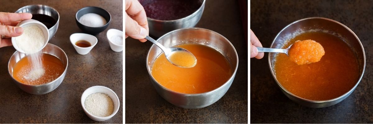 Tres imágenes del proceso de hidratación de la gelatina neutra en zumo de frutas antes de preparar las gominolas.