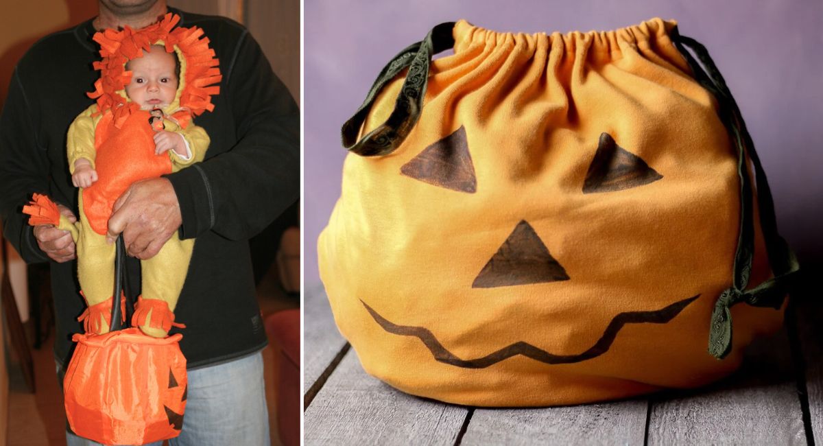 Dos fotos de Halloween: un bebé disfrazado de león y una bolsa de truco o trato naranja hecha con una camiseta vieja y decorada con una cara de calabaza.