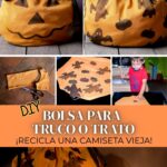 Collage en el que se muestran los pasos para convertir una camiseta vieja en una bolsa de «truco o trato» con motivos de calabaza, con el texto: «BOLSA DE «TRUCO O TRATO» HECHA A MANO: ¡RECICLA UNA CAMISETA!».