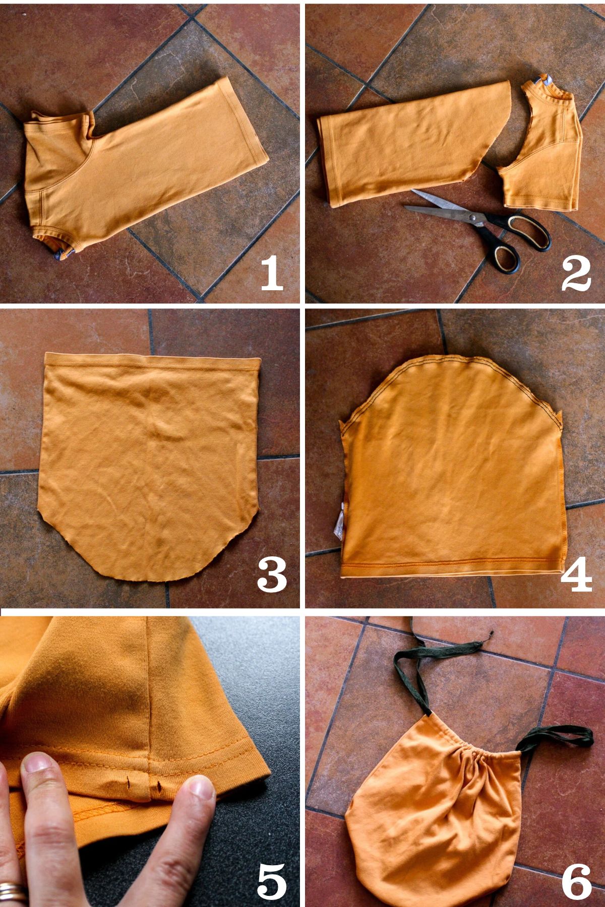 Seis fotos numeradas que muestran cómo hacer una bolsa de truco o trato con una camiseta vieja: doblar la camiseta, cortar el cuello y las mangas, coser el fondo y pasar un cordón por el dobladillo.