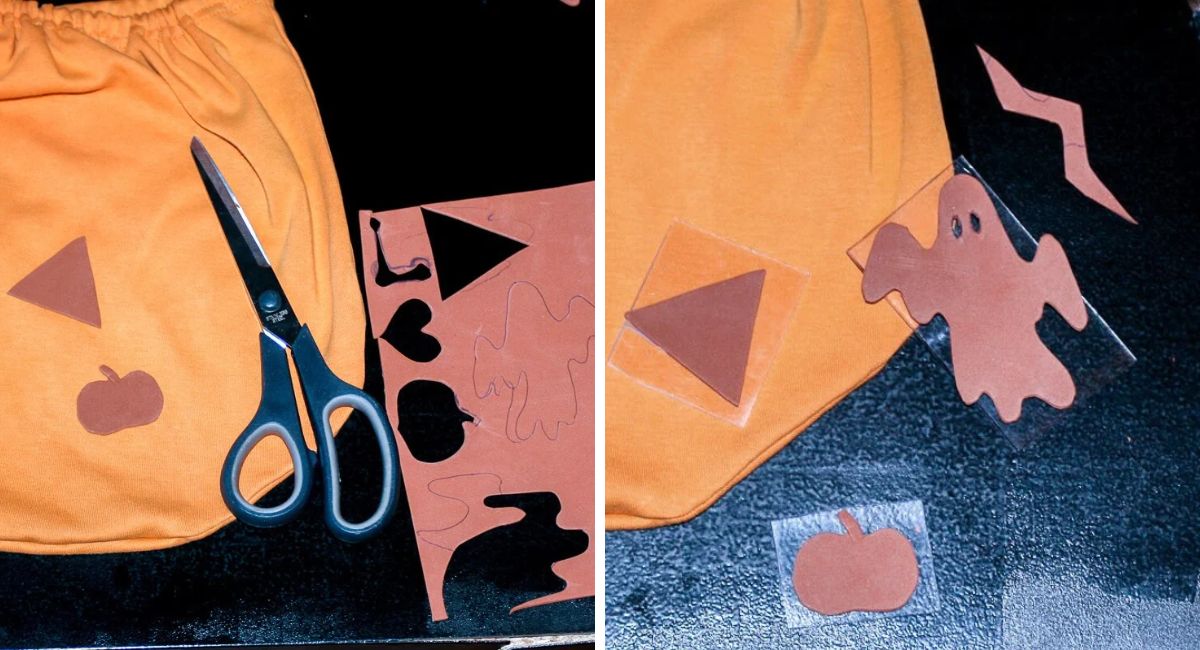Dos fotos que muestran cómo hacer sellos caseros para Halloween con goma EVA: recortar figuras de fantasmas, calabazas y triángulos y pegarlas sobre piezas de plástico transparente.