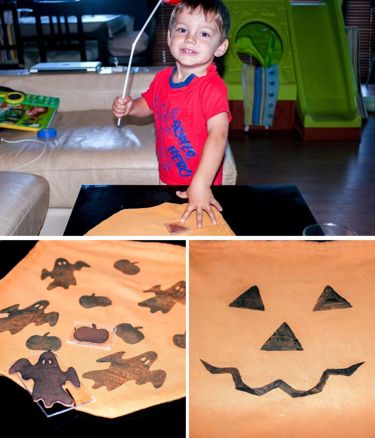 Un niño decorando una bolsa naranja de Halloween con sellos caseros y pintura para tela. Las otras fotos muestran los fantasmas, las calabazas y la cara de calabaza estampados en la bolsa.