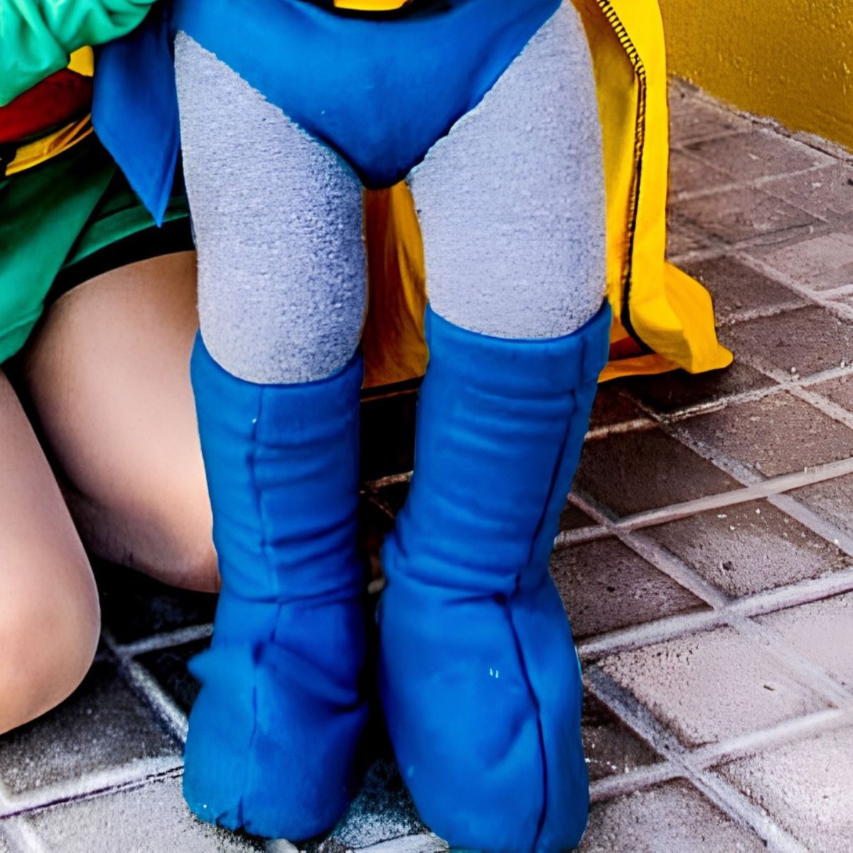 Primer plano de unas botas azules de tela polar hechas para un disfraz casero de Batman, con las costuras visibles.