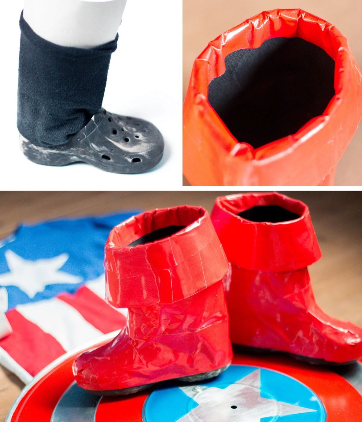 Collage con un zapato tipo Crocs y un calcetín negro, el interior de una bota forrada con cinta americana y las botas rojas de Capitán América terminadas.