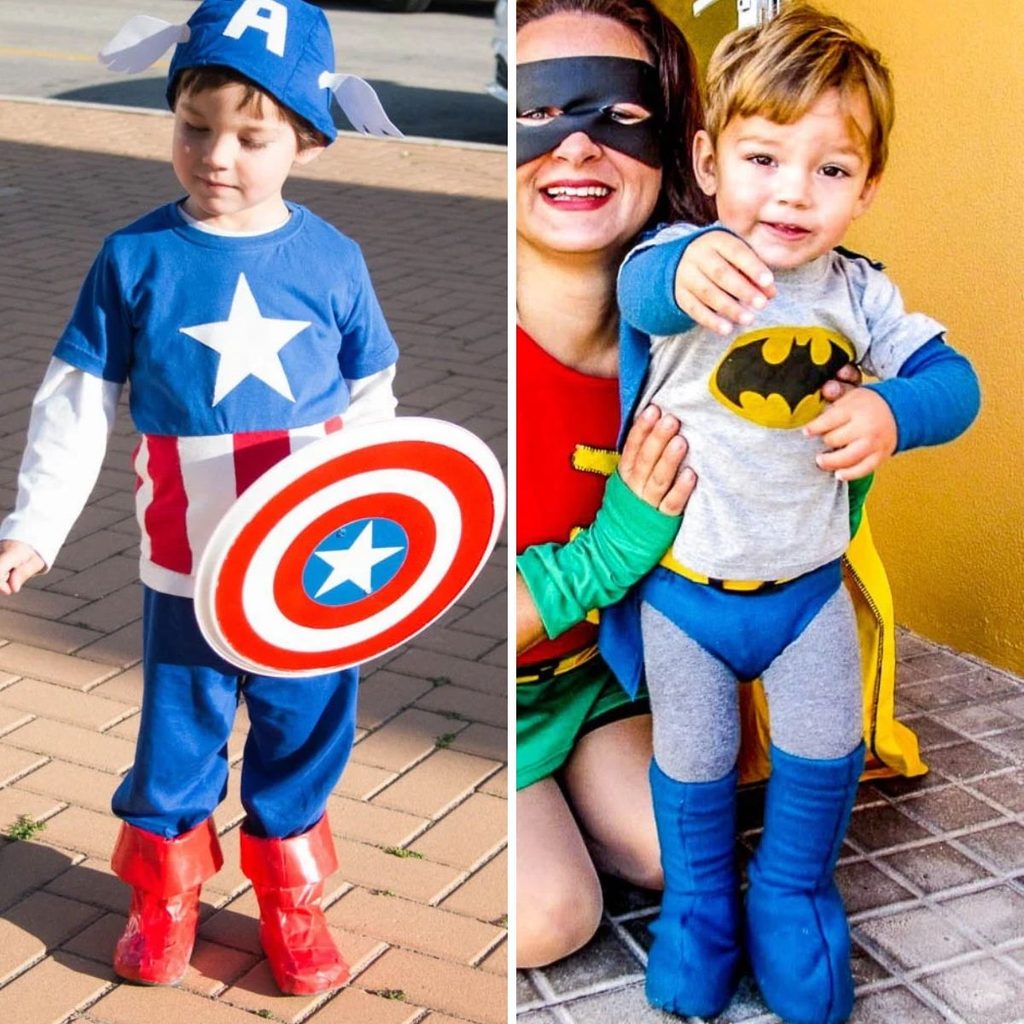 Comparación de dos disfraces caseros: Capitán América con botas rojas de cinta americana y Batman con fundas azules de tela polar.