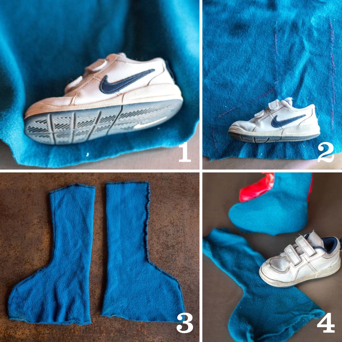 Cuatro pasos para hacer botas de tela polar: medir la tela con un zapato, dibujar el patrón, coser las piezas y dar la vuelta a las fundas terminadas.