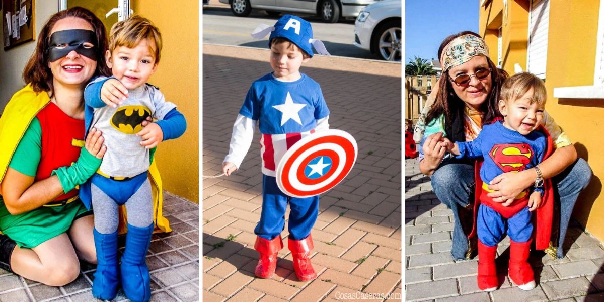 Tres fotos de disfraces caseros de Superman, Capitán América y Batman, con botas rojas y azules hechas a mano.