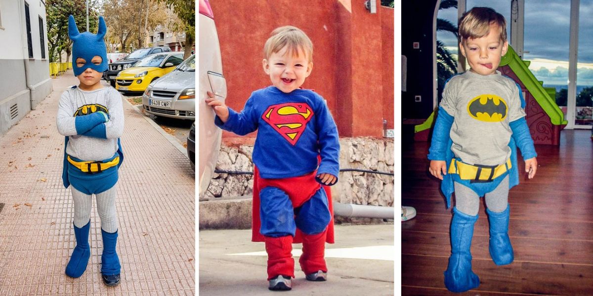 Tres fotos de disfraces de Batman y Superman que muestran cómo las fundas de tela polar pueden subirse y dejar los zapatos a la vista.