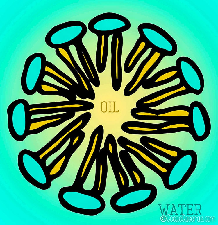 dibujo de una micela, con aceite en el centro y agua a su alrededor.