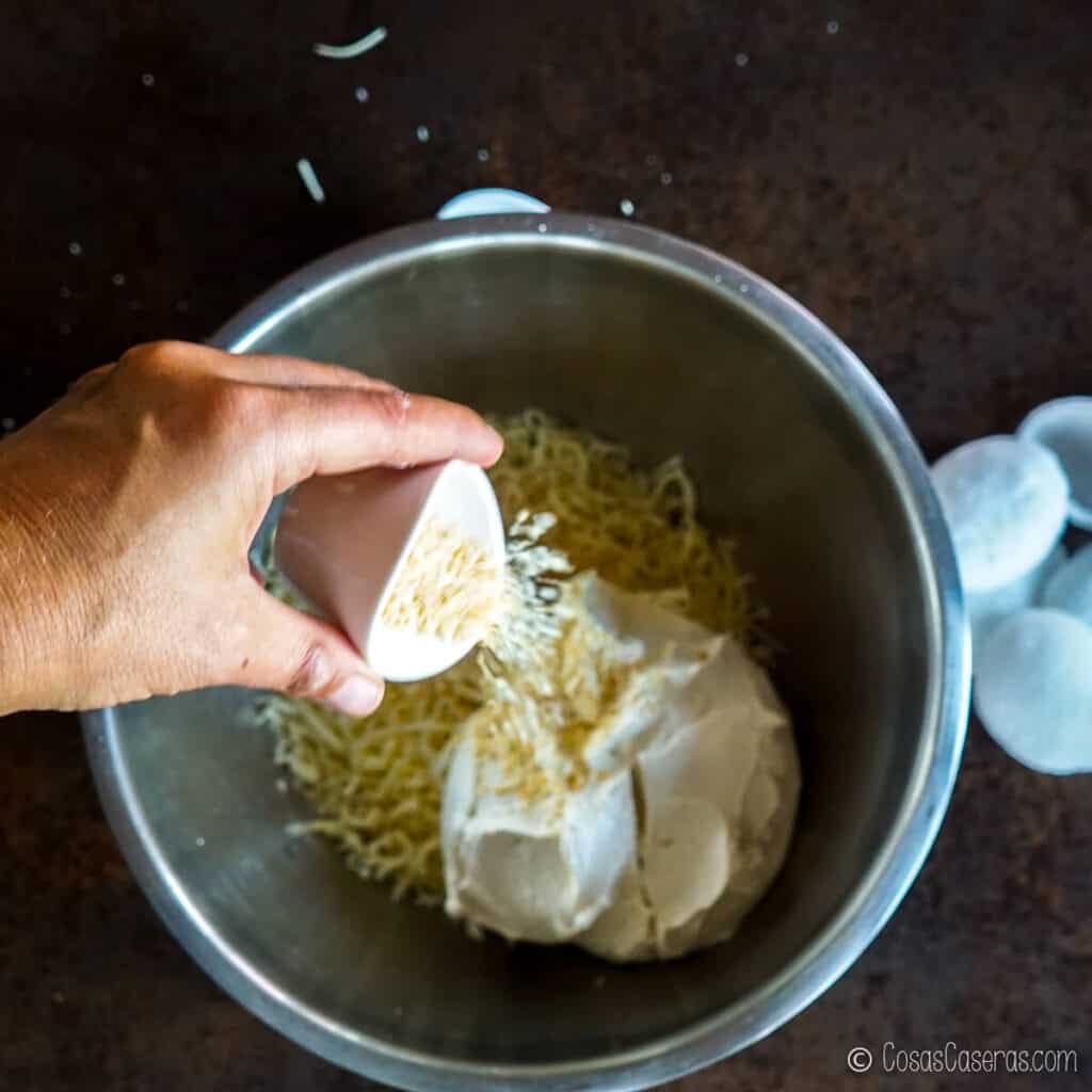 Añadiendo cebolla deshidratada al bol