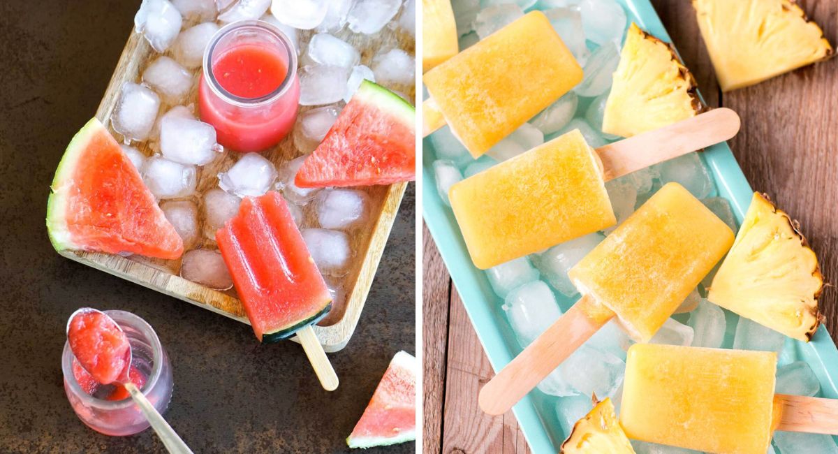 Polos de gelatina de sandía y piña sobre hielo, acompañados de trozos de fruta y vasitos de gelatina de sandía.