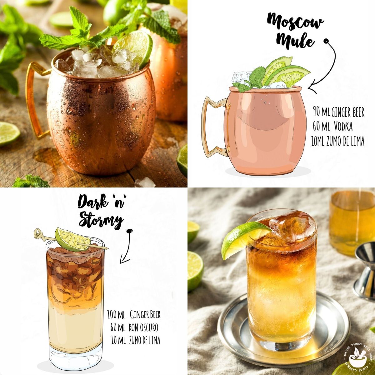 Cócteles con ginger beer: Moscow Mule con vodka y Dark ’n’ Stormy con ron oscuro, servidos con hielo y lima.