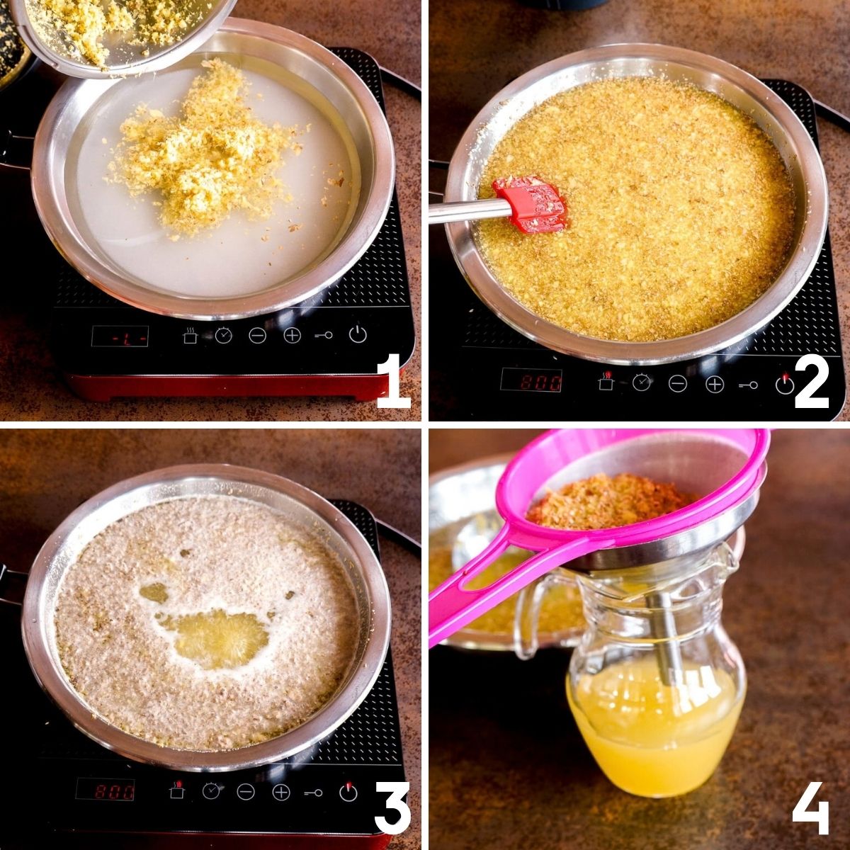 Preparación del jarabe de jengibre: añadir el jengibre rallado al almíbar, cocinar y colar en una jarra.