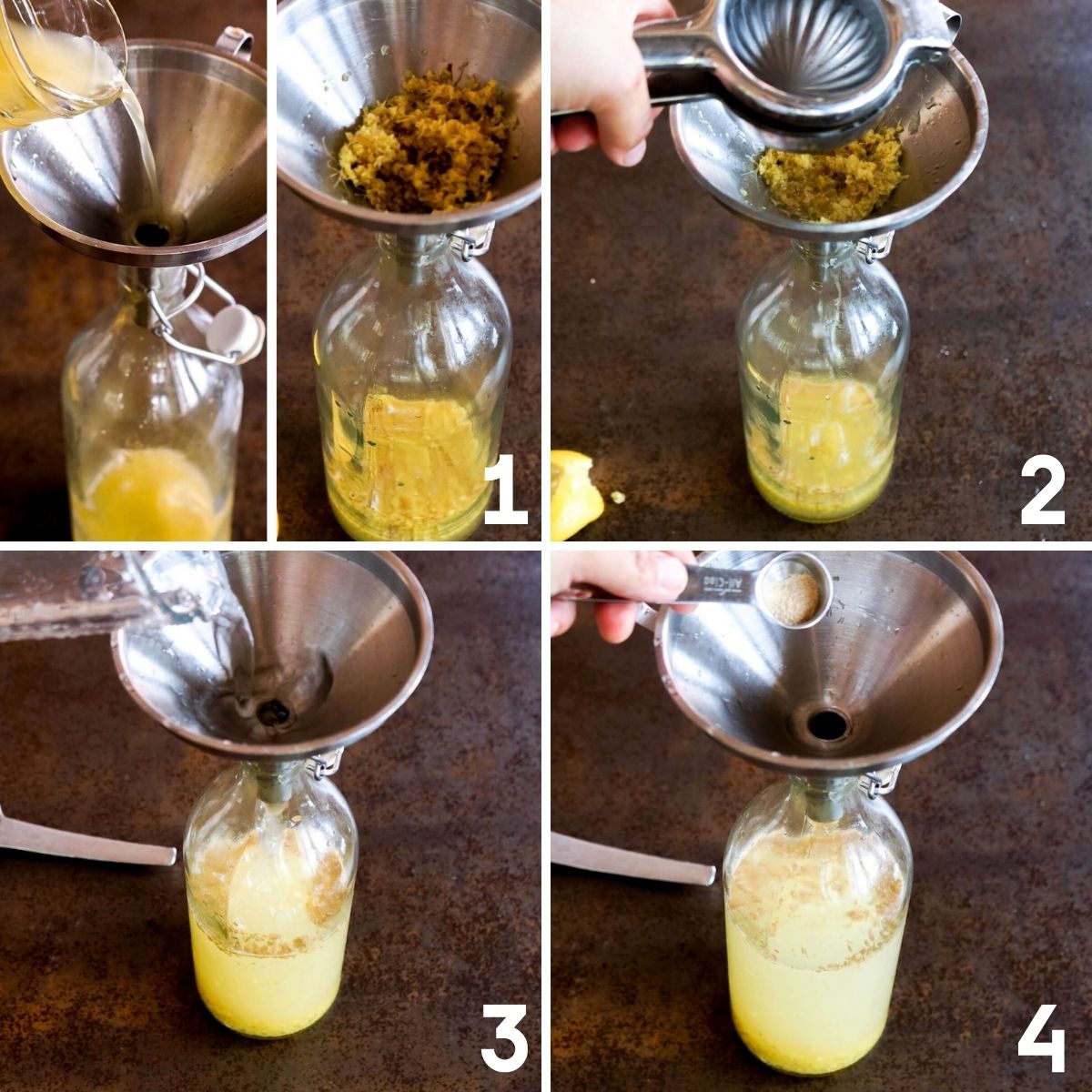 Preparación de ginger beer casera: añadir el jarabe y el jengibre a una botella, incorporar zumo de limón, agua y levadura.