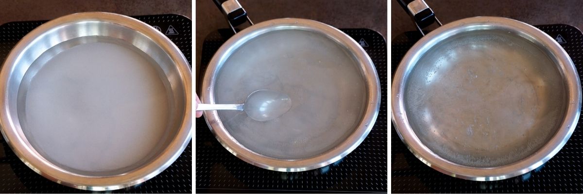 Preparación del almíbar: calentar agua con azúcar y remover hasta que el azúcar se disuelva.