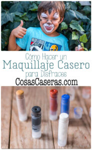 Un niño con pintura facial sonríe rodeado de vegetación. Debajo, se muestra pintura facial casera en tubos. El texto dice: "Cómo hacer un maquillaje casero para disfraces - CosasCaseras.com".