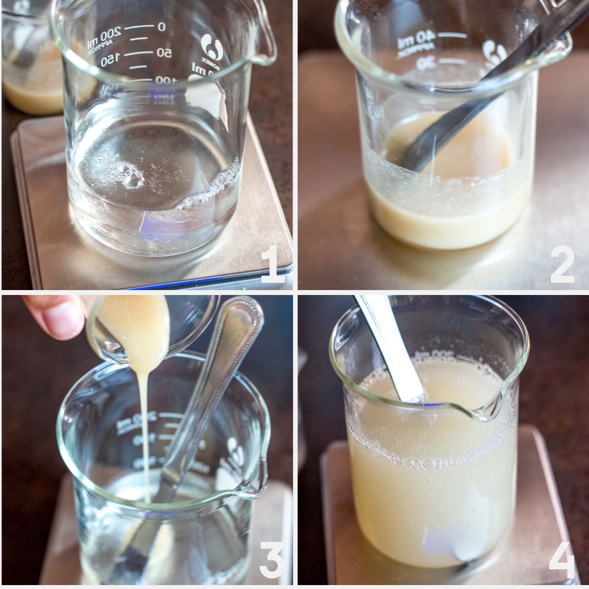Proceso de cuatro pasos que muestra cómo se mezcla un líquido en un vaso de precipitados y se espesa con una cuchara hasta obtener una consistencia cremosa. Cada paso muestra un cambio de textura y opacidad.