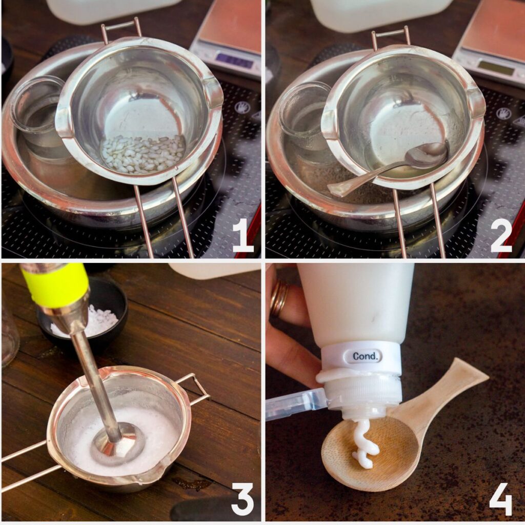 Proceso paso a paso para hacer un acondicionador casero: derritiendo los ingredientes, mezclando, batiendo con una batidora de mano y mostrando el acondicionador terminado sobre una cuchara.