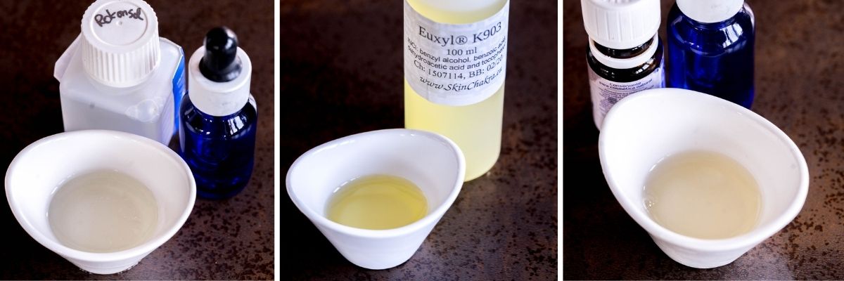 Tres conservantes cosméticos naturales utilizados en cosmética casera: Rokonsal BSB-N a la izquierda, Euxyl K903 en el centro y Dermorganics 1388 a la derecha.