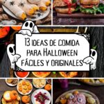 Collage de comida con temática de Halloween, en el que aparecen momias de plátano, hamburguesas monstruosas y bandejas de aperitivos, todo ello dispuesto en torno a una tarjeta con el título.