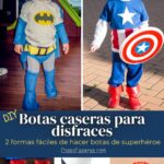 Pin de botas caseras para disfraces con fotos de Batman y Capitán América, botas de tela polar y cinta americana, y detalles de cómo se hacen.