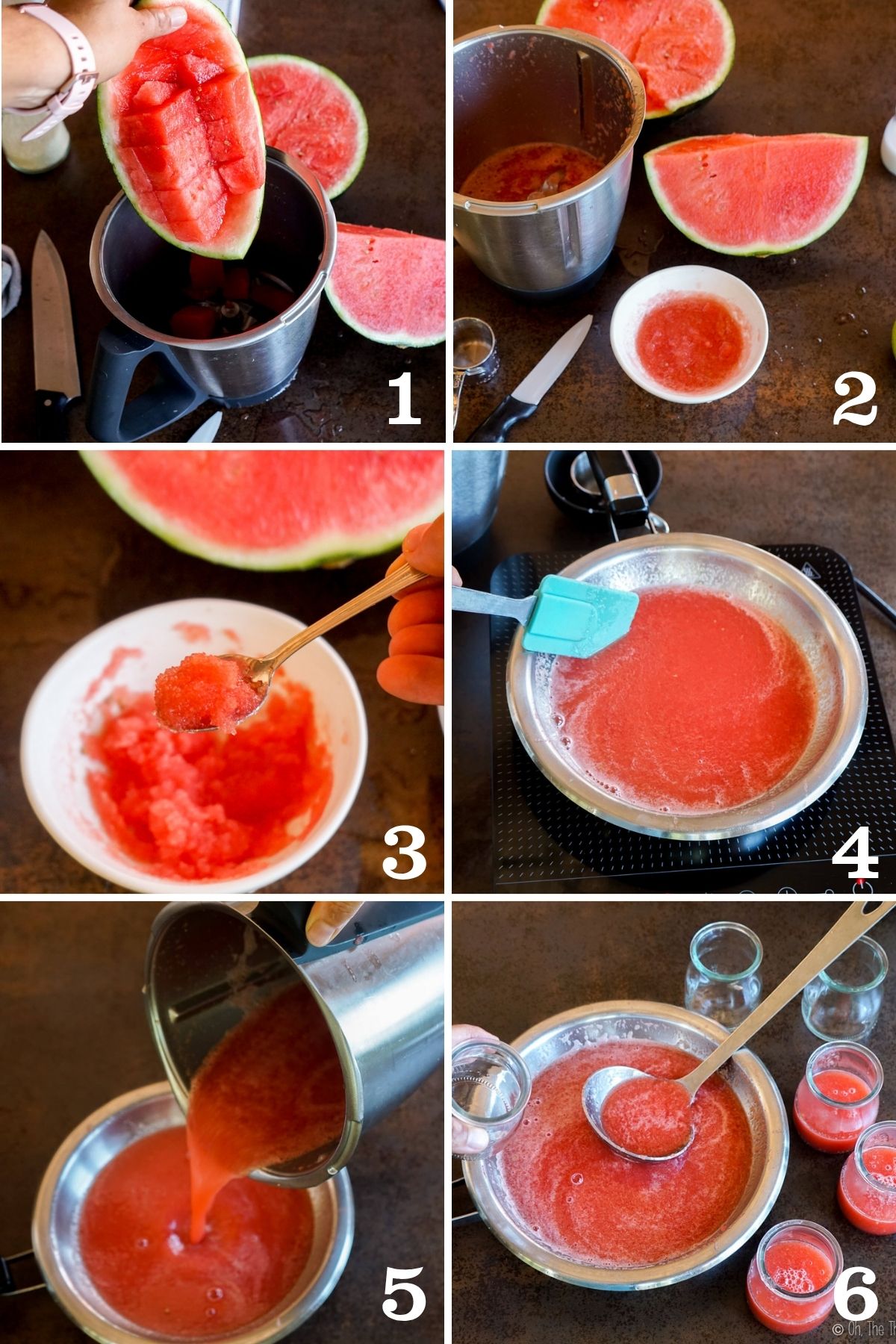 Collage de seis pasos para hacer gelatina casera de sandía: preparar el puré, hidratar la gelatina, calentar parte de la mezcla, añadir el puré frío y repartir en vasitos.