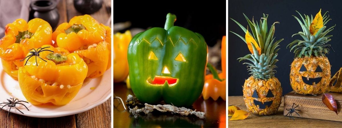 Ideas originales para Halloween con pimientos tallados con caras terroríficas, uno de ellos iluminado, y piñas decoradas como calabazas de Halloween.