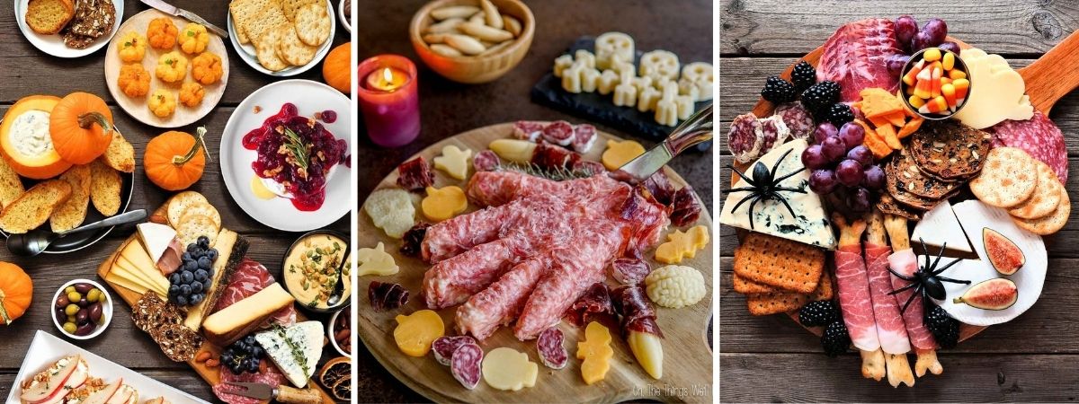 Tres tablas de aperitivos para Halloween con quesos en forma de calabaza, una mano cortada hecha de queso y embutidos, galletas saladas, frutas y otros aperitivos.