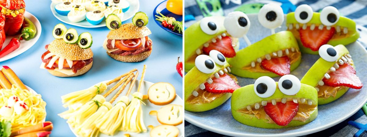 Hamburguesas monstruosas con ojos de aceitunas y pepino y dientes de queso, junto a monstruos de manzana verde con lenguas de fresa y dientes de semillas de girasol.