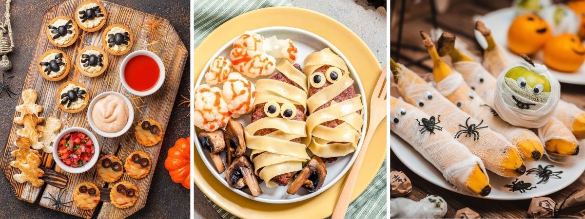Ideas de comida para Halloween con minipizzas de momias, albóndigas envueltas en tiras de pasta y frutas disfrazadas de momias con gasas y ojitos.