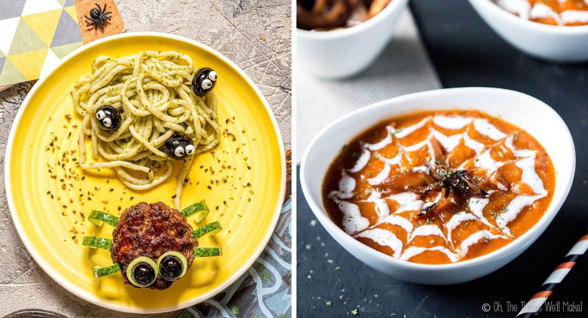 Ideas de comida para Halloween con una hamburguesa en forma de araña, espaguetis con pesto decorados con aceitunas y crema de calabaza con una telaraña de nata.