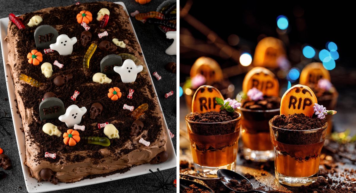Tarta de chocolate decorada como un cementerio de Halloween, con lápidas de galleta, fantasmas y gusanos, junto a vasitos individuales de postre de chocolate con galletas trituradas y lápidas.