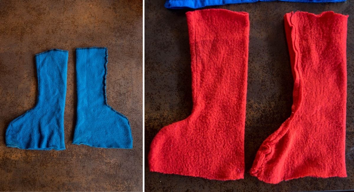 Fundas para botas de superhéroes hechas con tela polar azul y roja, utilizadas para los disfraces caseros de Batman y Superman.