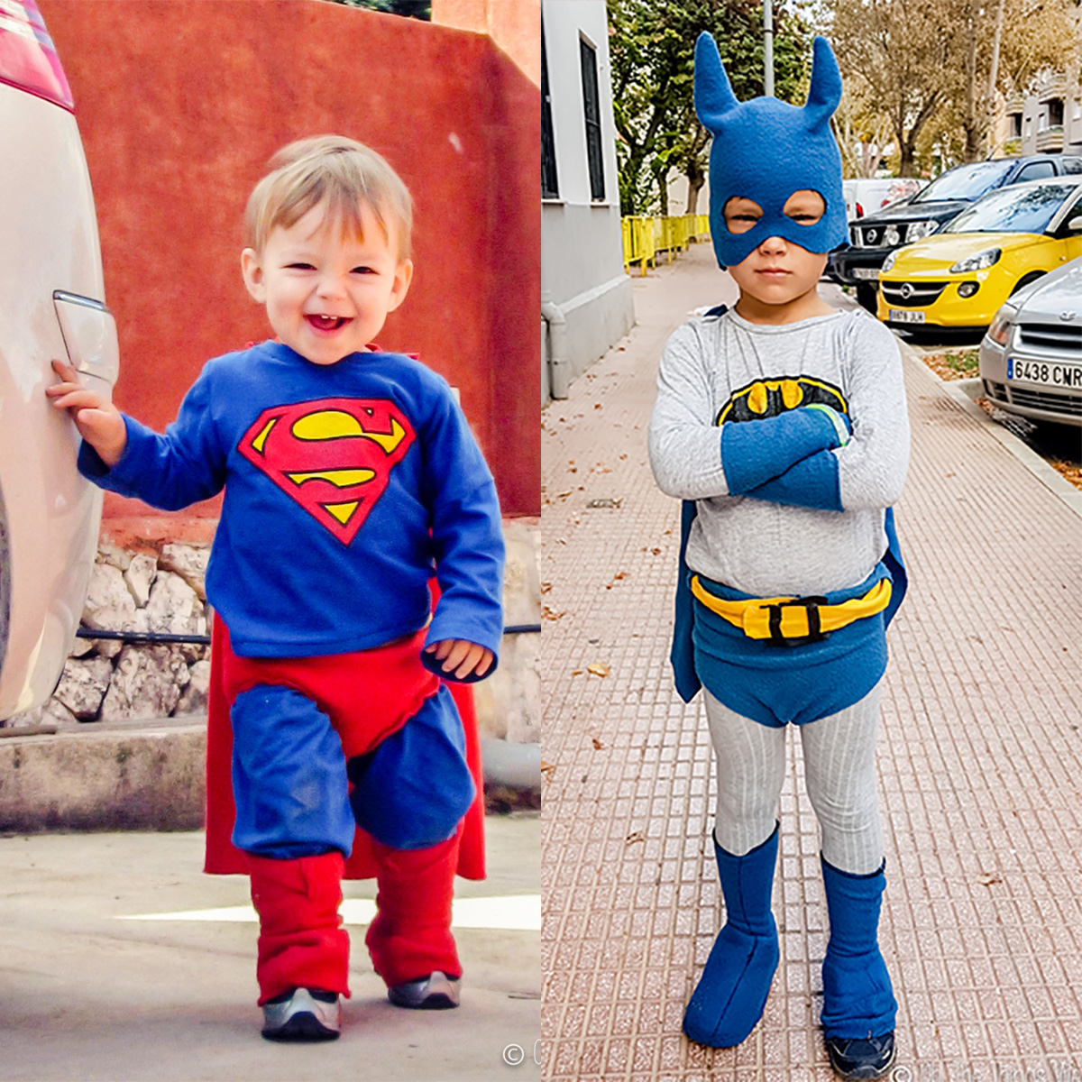 Un niño disfrazado de Superman con una capa roja y botas de tela polar, junto a otra foto con su disfraz casero de Batman, máscara azul y cinturón amarillo.
