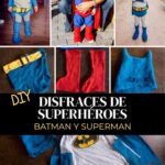 Pin de disfraces de superhéroes caseros de Batman y Superman, con fotos de los disfraces terminados y sus piezas hechas a mano: capas, botas, cinturón y máscara.
