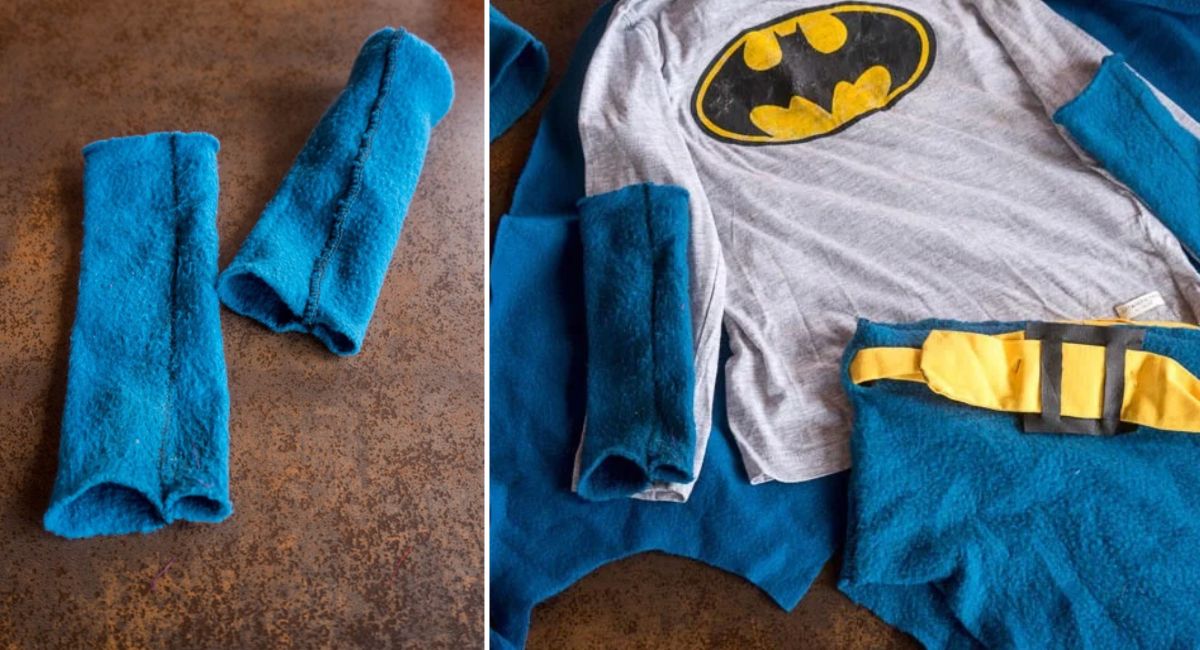Guantes caseros de Batman sin dedos hechos con tela polar azul, mostrados por separado y junto a la camiseta y otras piezas del disfraz.