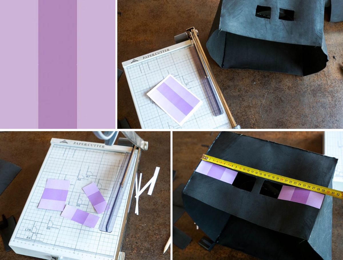 Collage del proceso de recortar los ojos morados de Enderman en papel fotográfico y colocarlos sobre la máscara de goma EVA negra.