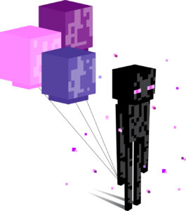 Un Enderman de Minecraft que sostiene tres globos cuadrados y de colores, rodeado de partículas moradas que flotan en el aire.