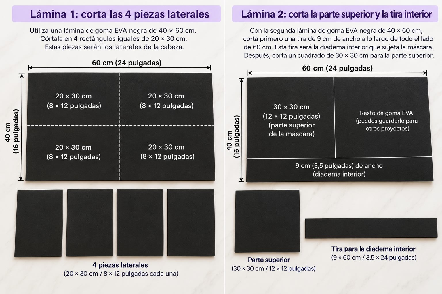 Esquema de corte de dos láminas de goma EVA de 40 × 60 cm para hacer una máscara de Enderman, con cuatro laterales, una pieza superior y una tira para la banda interior.
