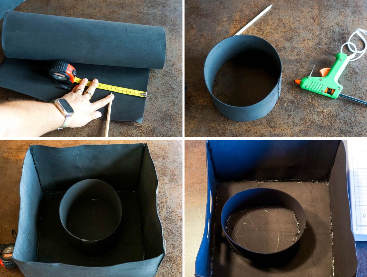 Proceso de cortar una tira de goma EVA negra, formar una banda circular y pegarla dentro de la cabeza de Enderman para sujetarla.