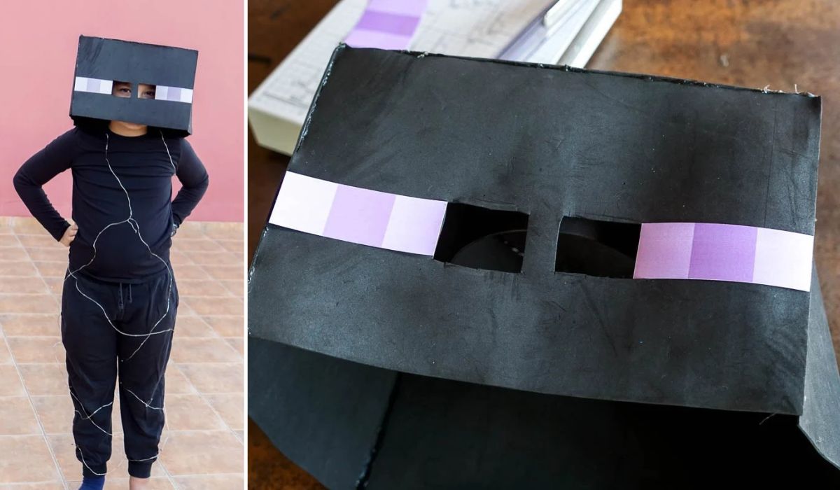 Disfraz casero de Enderman de Minecraft con ropa negra, máscara cuadrada de goma EVA, ojos morados y una guirnalda de luces LED.