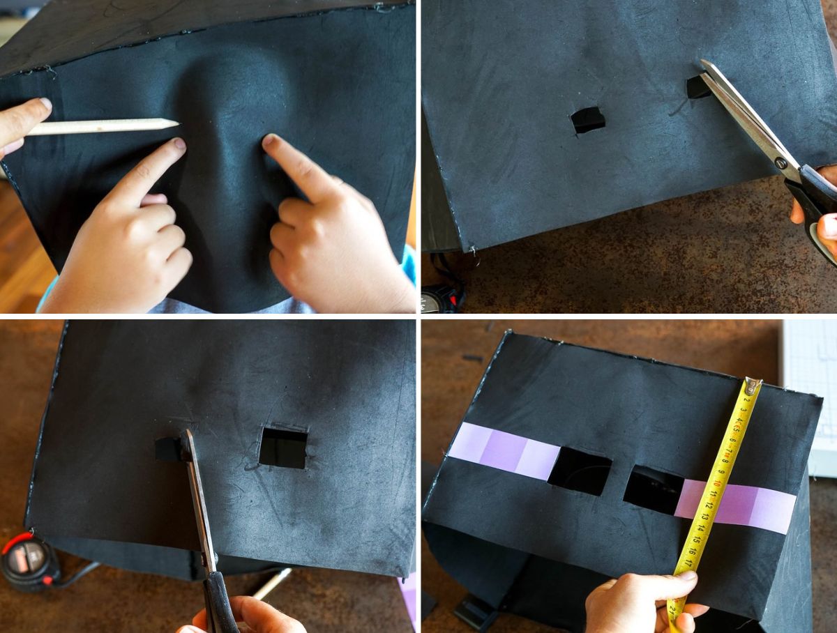 Cuatro fotografías que muestran cómo marcar y recortar los agujeros para los ojos en una máscara de Enderman hecha con goma EVA negra.